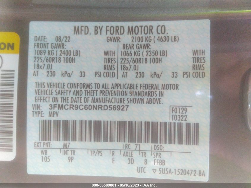 2022 FORD BRONCO SPORT OUTER BANKS - 3FMCR9C60NRD56927