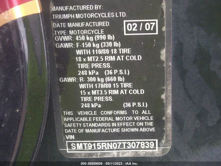 2007 TRIUMPH MOTORCYCLE SPEED MASTER SMT915RN07T307839