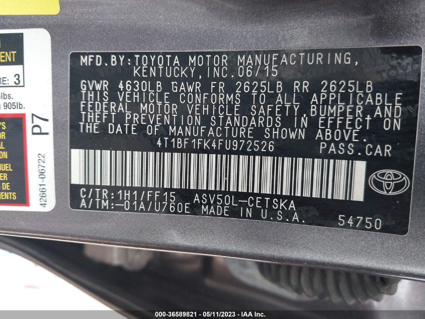2015 TOYOTA CAMRY XLE/SE/LE/XSE - 4T1BF1FK4FU972526