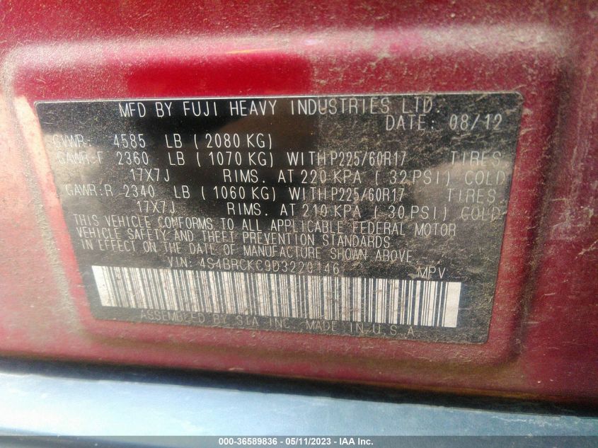2013 SUBARU OUTBACK 2.5I LIMITED - 4S4BRCKC9D3220146