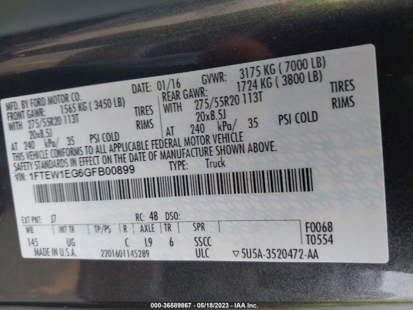 2016 FORD F-150 XLT/XL/LARIAT/PLATINUM - 1FTEW1EG6GFB00899