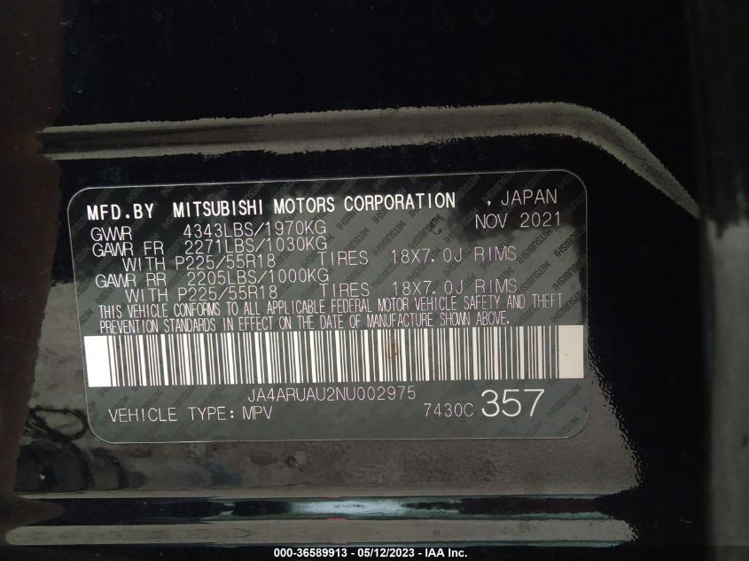 2022 MITSUBISHI OUTLANDER SPORT ES/LE/SE - JA4ARUAU2NU002975