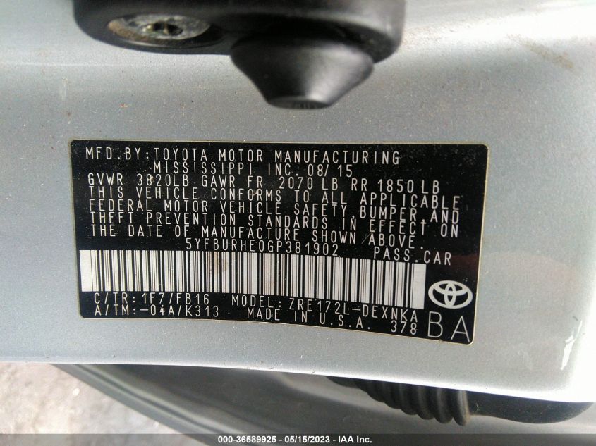2016 TOYOTA COROLLA L/LE/S/S PLUS/LE PLUS - 5YFBURHE0GP381902