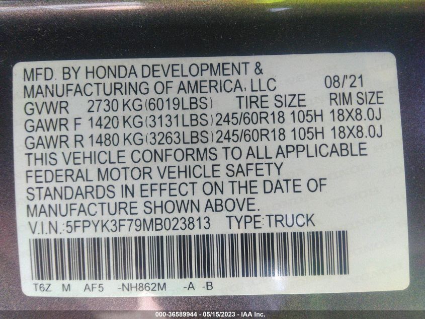 2021 HONDA RIDGELINE RTL-E - 5FPYK3F79MB023813