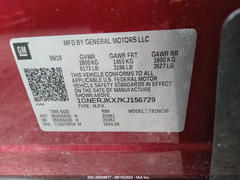 2019 CHEVROLET TRAVERSE RS - 1GNERJKX7KJ156729