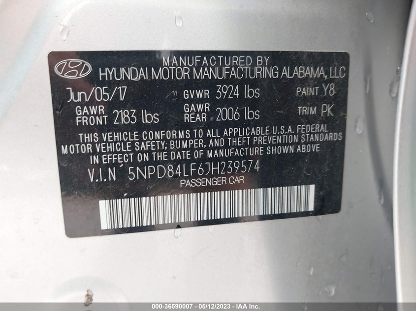 VIN 5NPD84LF6JH239574 2018 HYUNDAI ELANTRA SEL