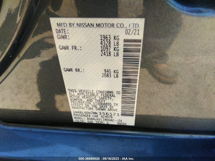 2021 NISSAN ALTIMA 2.5 SV - 1N4BL4DV7MN356571