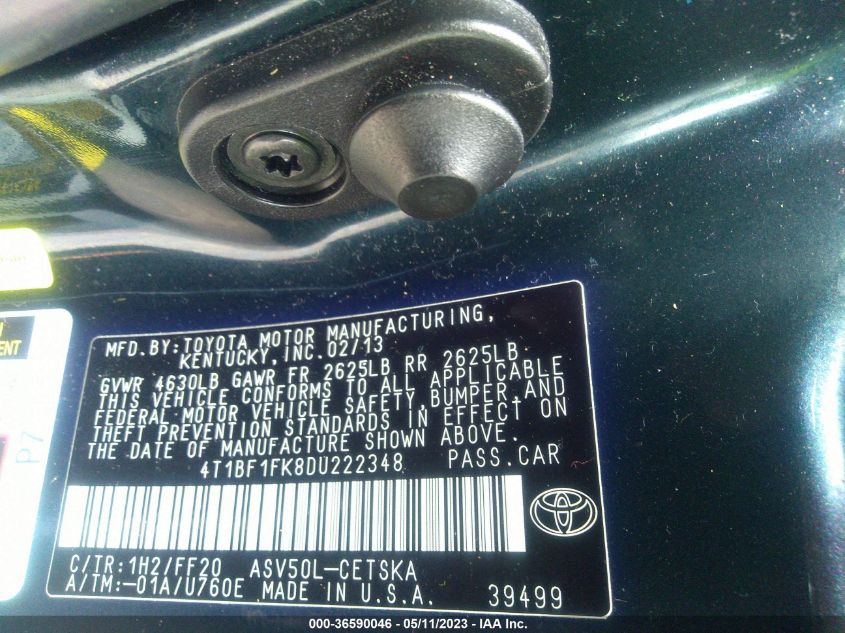 2013 TOYOTA CAMRY L/LE/SE/XLE - 4T1BF1FK8DU222348