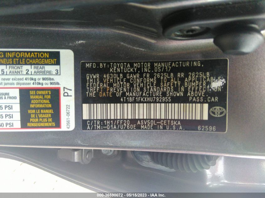 2017 TOYOTA CAMRY XLE/SE/LE/XSE - 4T1BF1FKXHU792955