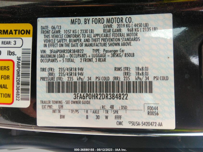 2013 FORD FUSION SE - 3FA6P0HR2DR384822