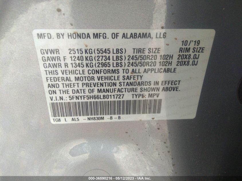 2020 HONDA PILOT TOURING 7-PASSENGER - 5FNYF5H66LB011727