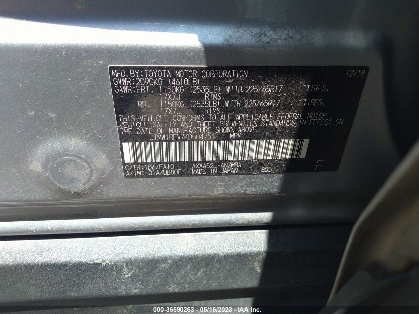 2019 TOYOTA RAV4 XLE - JTMW1RFV7KD504751