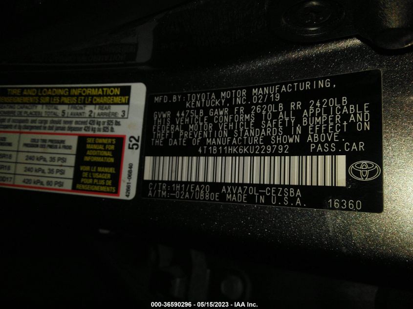 2019 TOYOTA CAMRY LE/SE/XLE/L - 4T1B11HK6KU229792