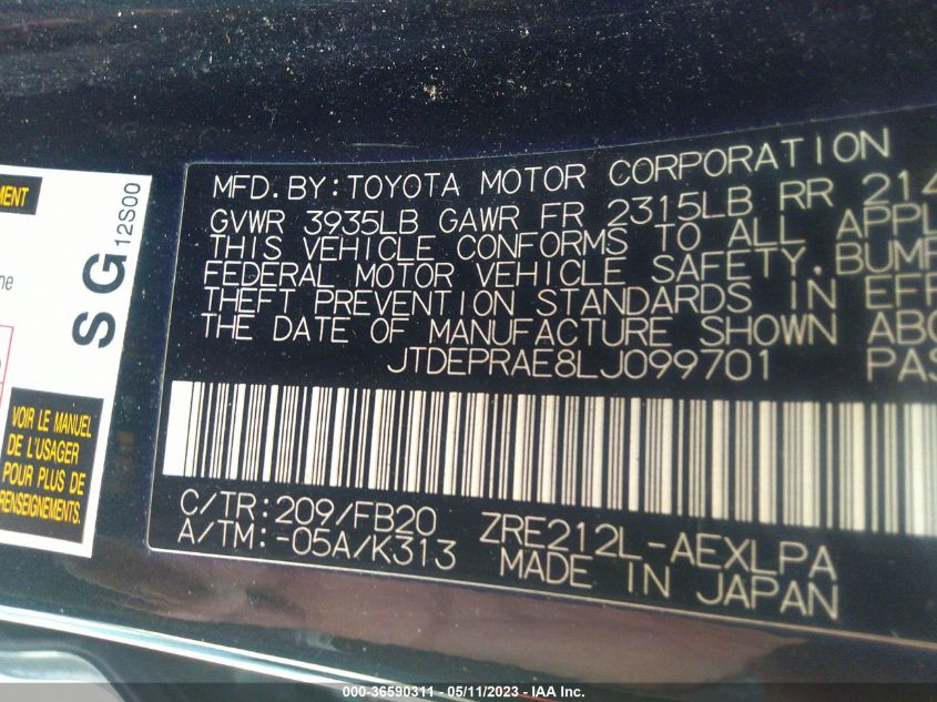 2020 TOYOTA COROLLA LE - JTDEPRAE8LJ099701