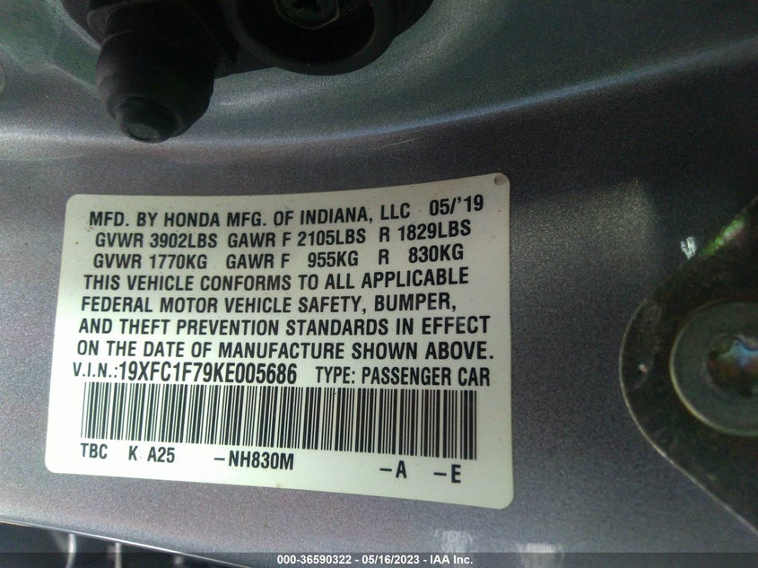 VIN 19XFC1F79KE005686 2019 HONDA CIVIC SEDAN EX-L
