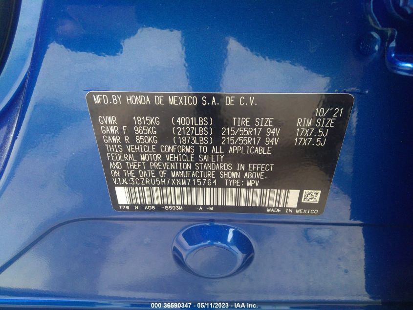 2022 HONDA HR-V EX-L - 3CZRU5H7XNM715764