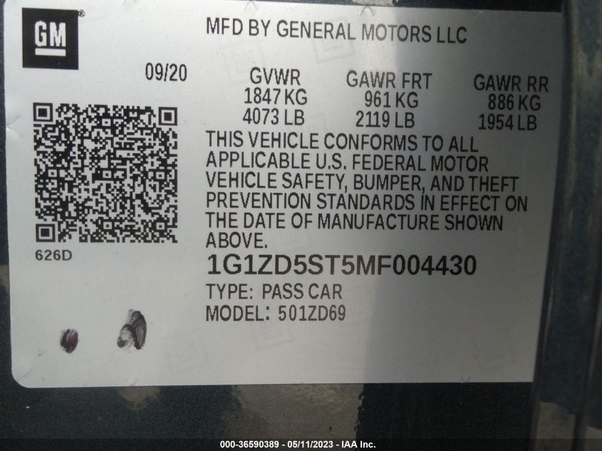 2021 CHEVROLET MALIBU LT - 1G1ZD5ST5MF004430