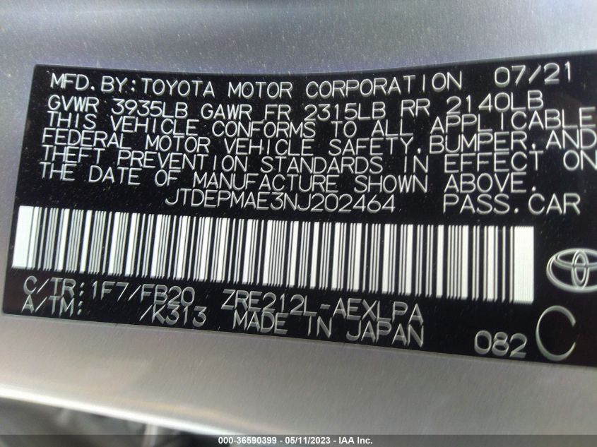 JTDEPMAE3NJ202464 Toyota Corolla LE 9