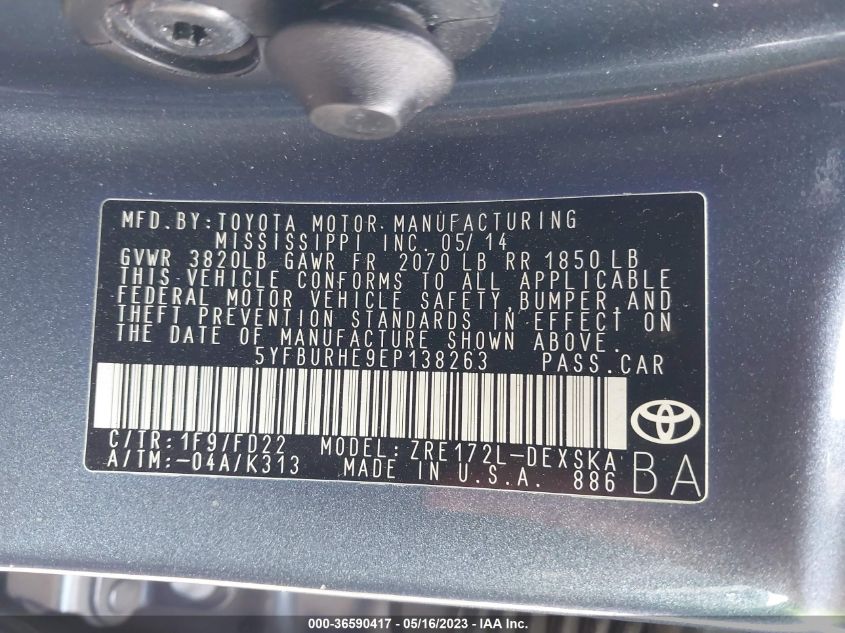 2014 TOYOTA COROLLA L/LE/S/S PLUS/LE PLUS - 5YFBURHE9EP138263
