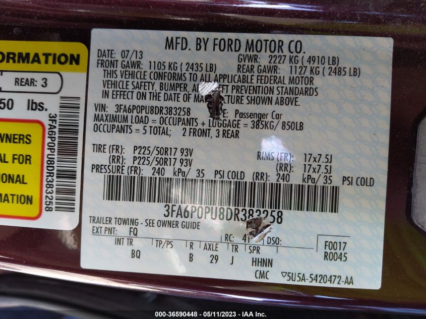 2013 FORD FUSION ENERGI SE LUXURY - 3FA6P0PU8DR383258