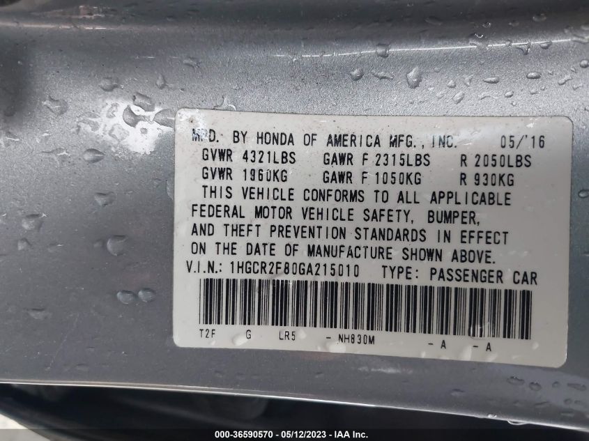 2016 HONDA ACCORD SEDAN EX-L - 1HGCR2F80GA215010