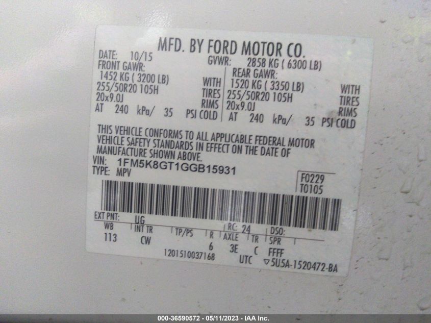 2016 FORD EXPLORER SPORT - 1FM5K8GT1GGB15931