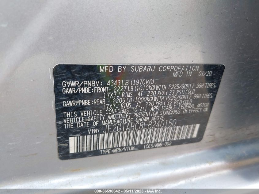 2020 SUBARU CROSSTREK - JF2GTABC8L8240150