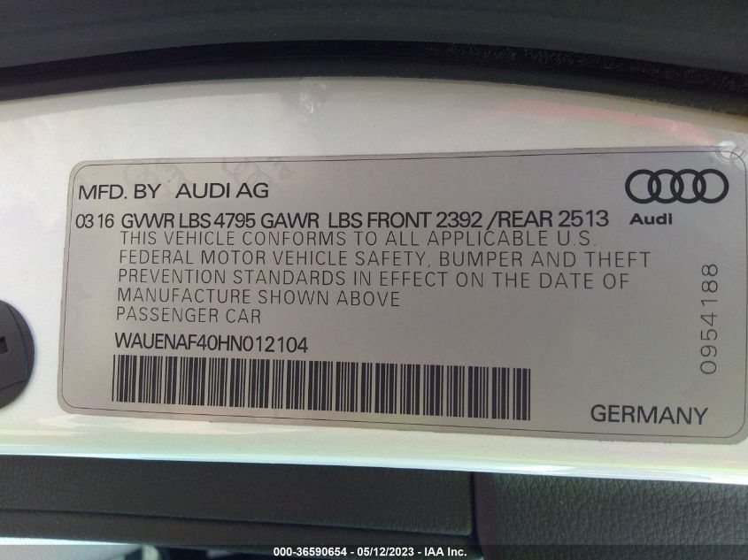 2017 AUDI A4 PREMIUM PLUS - WAUENAF40HNO12104