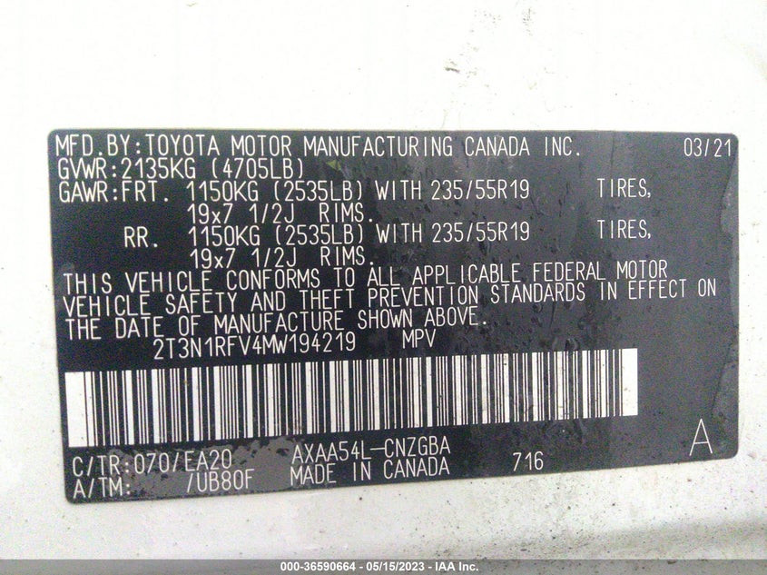 VIN 2T3N1RFV4MW194219 2021 TOYOTA RAV4 LIMITED