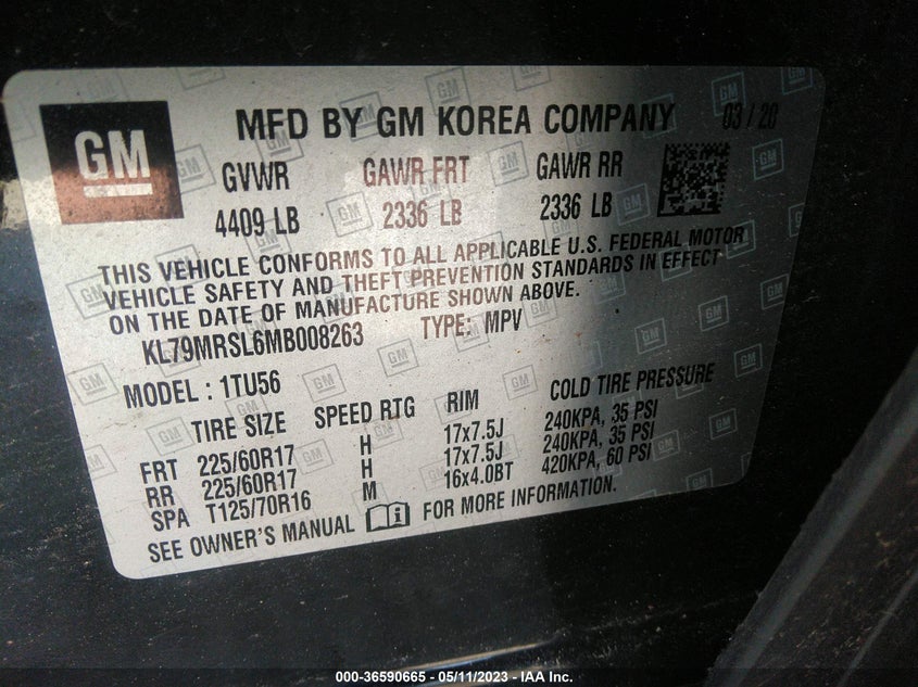 VIN KL79MRSL6MB008263 2021 CHEVROLET TRAILBLAZER LT