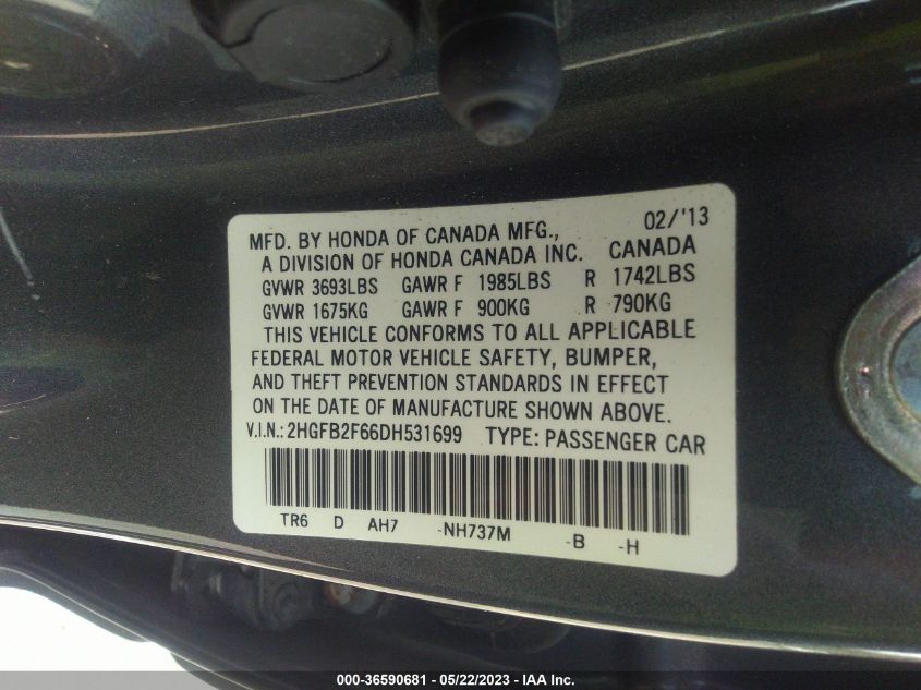 2013 HONDA CIVIC SDN HF - 2HGFB2F66DH531699