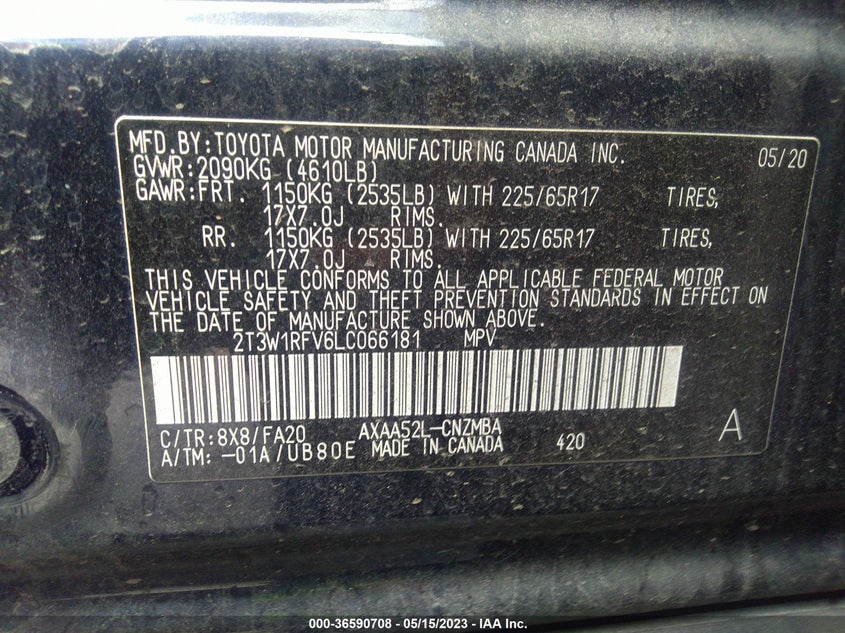 VIN 2T3W1RFV6LC066181 2020 TOYOTA RAV4 XLE