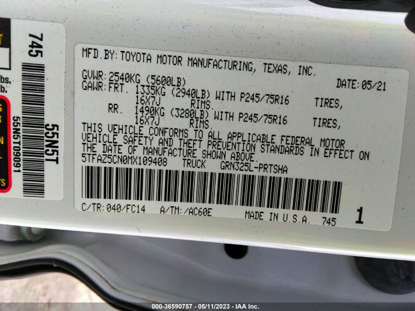 2021 TOYOTA TACOMA 2WD SR5 - 5TFAZ5CN0MX109408