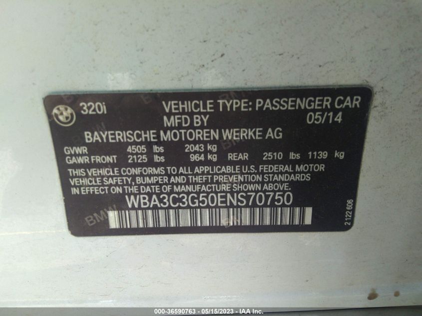 2014 BMW 3 SERIES 320I XDRIVE - WBA3C3G50ENS70750