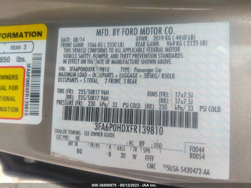 3FA6P0HDXFR139810 2015 FORD FUSION, photo no. 9