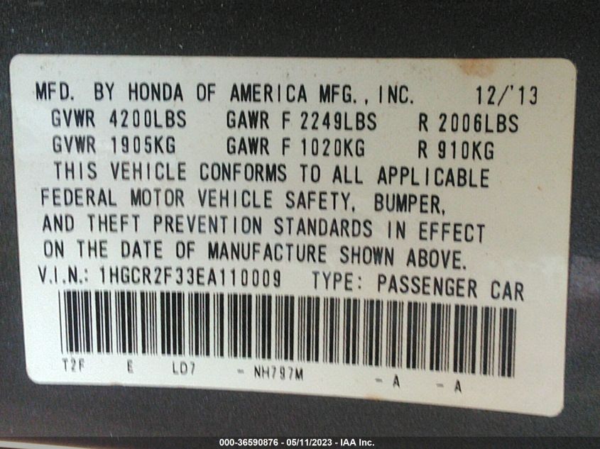 2014 HONDA ACCORD SEDAN LX - 1HGCR2F33EA110009