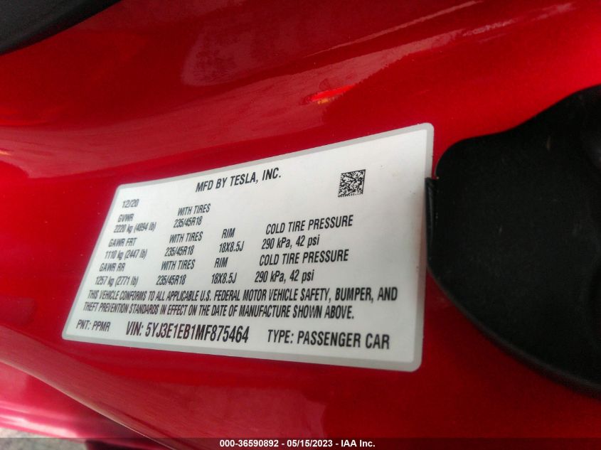 2021 TESLA MODEL 3 LONG RANGE - 5YJ3E1EB1MF875464