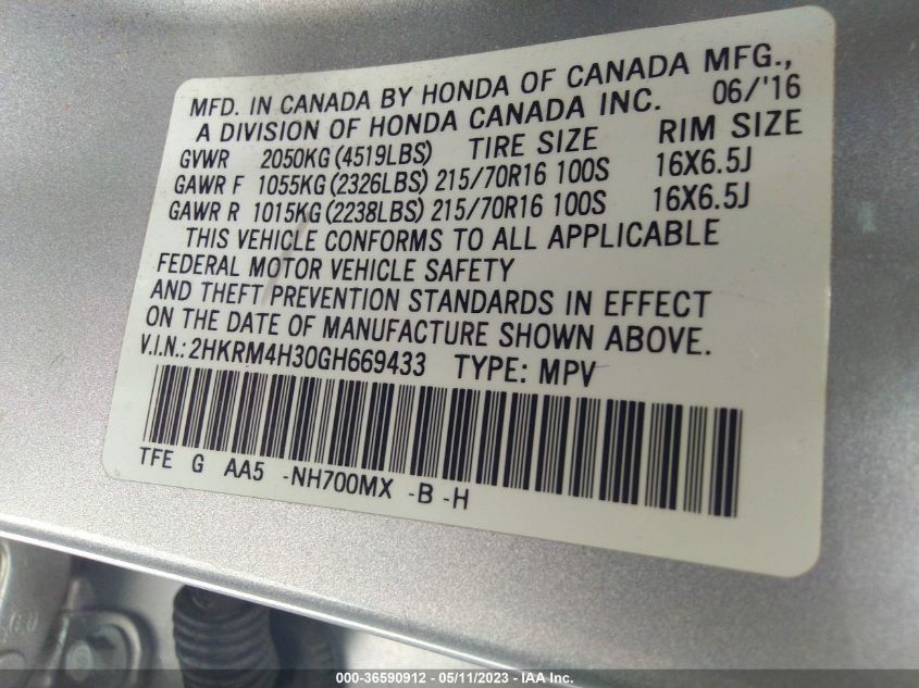 2016 HONDA CR-V LX - 2HKRM4H30GH669433