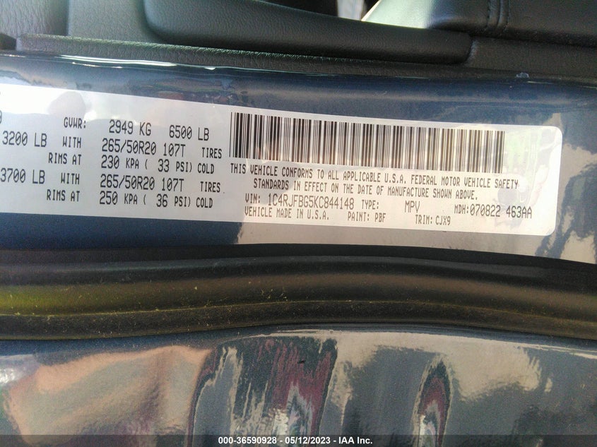 VIN 1C4RJFBG5KC844148 2019 JEEP GRAND CHEROKEE LIMITED