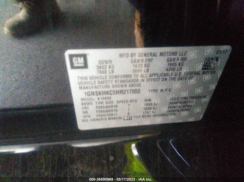 2017 CHEVROLET SUBURBAN LT - 1GNSKHKC5HR217955