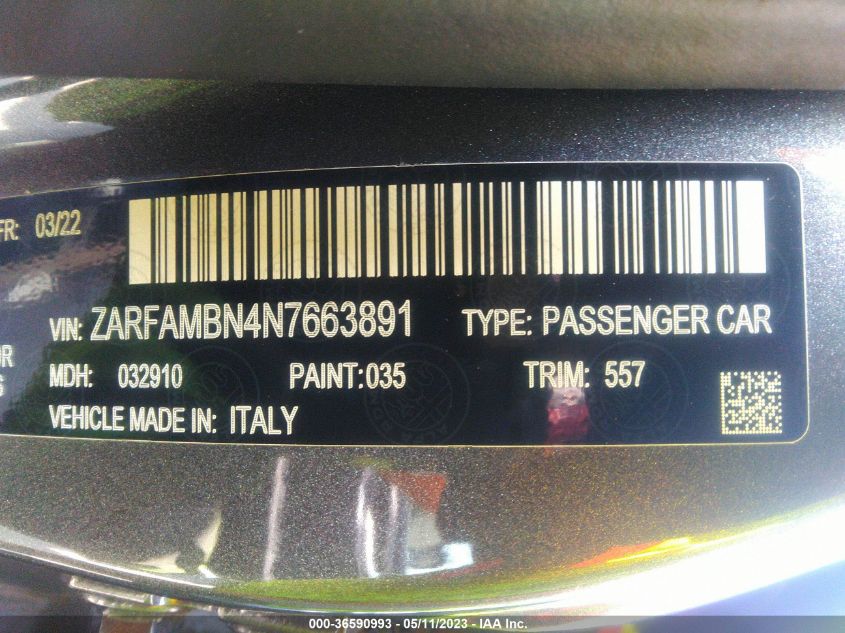 2022 ALFA ROMEO GIULIA VELOCE - ZARFAMBN4N7663891
