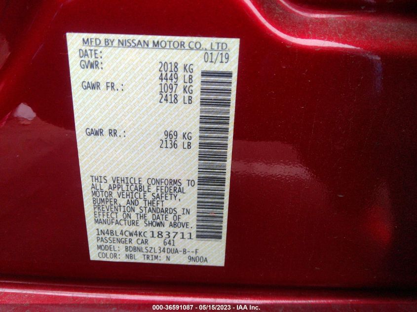 2019 NISSAN ALTIMA 2.5 SR - 1N4BL4CW4KC183711