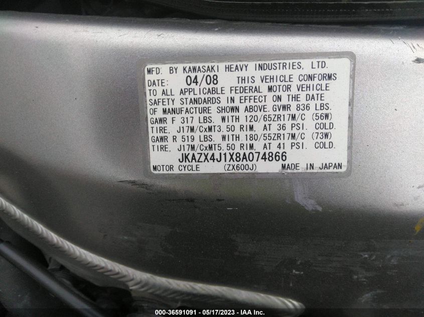 2008 KAWASAKI ZX600 J1 - JKAZX4J1X8A074866
