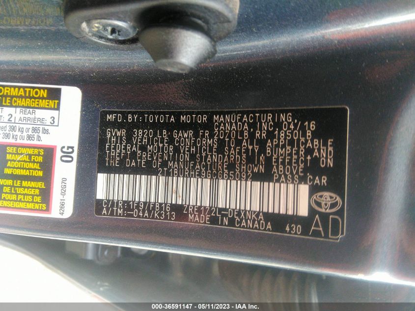 2016 TOYOTA COROLLA L/LE/S/S PLUS/LE PLUS - 2T1BURHE9GC665092