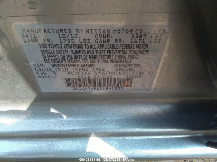 2013 NISSAN VERSA SV - 3N1CN7AP6DL841500