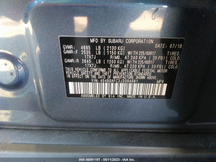 2018 SUBARU OUTBACK PREMIUM - 4S4BSAFC3J3394681