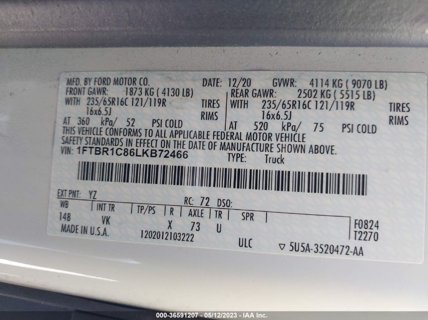 2020 FORD TRANSIT CARGO VAN - 1FTBR1C86LKB72466