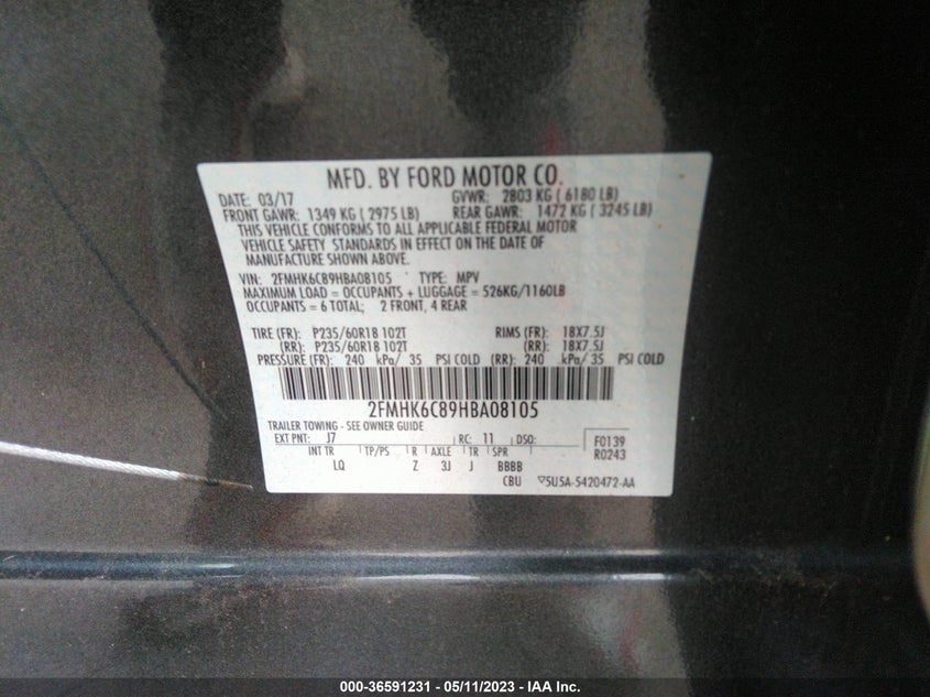 VIN 2FMHK6C89HBA08105 2017 FORD FLEX SEL