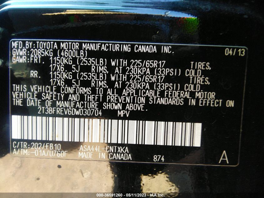 2013 TOYOTA RAV4 LE - 2T3BFREV6DW030704
