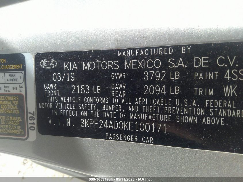 2019 KIA FORTE LXS - 3KPF24AD0KE100171